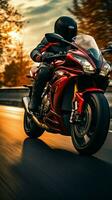 Red motorcycle, biker in focus, speeds along highway, background a motion  blurred rush Vertical Mobile Wallpaper AI Generated photo