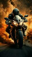 Rider blazes a trail on a high  speed motorcycle, channeling its formidable power Vertical Mobile Wallpaper AI Generated photo