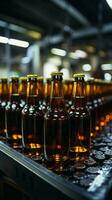 Selective focus on beer bottles on conveyor, shallow DOF highlights manufacturing precision Vertical Mobile Wallpaper AI Generated photo