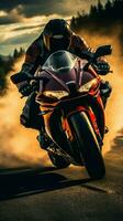 Sport motorcycles race on track, extreme athletes in high  speed pursuit of victory Vertical Mobile Wallpaper AI Generated photo