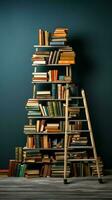Stacked books, ladders frame educations allure in front view with copy space Vertical Mobile Wallpaper AI Generated photo
