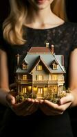 Symbol of dreams Young womans hands secure a model house with care Vertical Mobile Wallpaper AI Generated photo