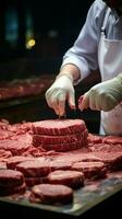 el Arte de carnicería se despliega como experto manos proceso sabroso hamburguesa empanadas vertical móvil fondo de pantalla ai generado foto
