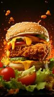 Yellow backdrop accents the delicious contrast of chicken and veggie burgers displayed Vertical Mobile Wallpaper AI Generated photo