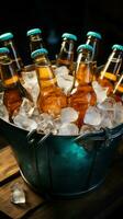 cerveza lleno botellas frío dentro cubo acunado por hielo para refrescante frescura vertical móvil fondo de pantalla ai generado foto
