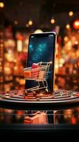 Worldwide retail at fingertips Smart phones online shopping icon unites global markets Vertical Mobile Wallpaper AI Generated photo