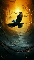 A chain covered zone resonates with the symphony of flying, flocking birds Vertical Mobile Wallpaper AI Generated photo