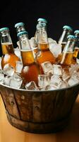 cerveza lleno botellas frío dentro cubo acunado por hielo para refrescante frescura vertical móvil fondo de pantalla ai generado foto