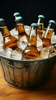 Beer filled bottles chill inside pail cradled by ice for refreshing coolness Vertical Mobile Wallpaper AI Generated photo