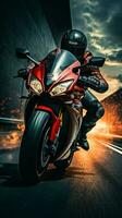 negrita motorista en rojo motocicleta difumina abajo carretera, frente ver capturar emocionante movimiento vertical móvil fondo de pantalla ai generado foto