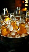 Chilled beer bottles rest in an ice filled pail, promising cold and delightful sips Vertical Mobile Wallpaper AI Generated photo