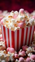 Cinematic delight Fresh popcorn pops in vibrant pink, gracing a cinematic  themed table Vertical Mobile Wallpaper AI Generated photo