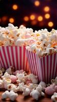 Cinematic delight Fresh popcorn pops in vibrant pink, gracing a cinematic  themed table Vertical Mobile Wallpaper AI Generated photo