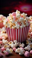 Cinematic delight Fresh popcorn pops in vibrant pink, gracing a cinematic  themed table Vertical Mobile Wallpaper AI Generated photo