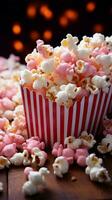 Cinematic delight Fresh popcorn pops in vibrant pink, gracing a cinematic  themed table Vertical Mobile Wallpaper AI Generated photo