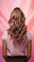 Hair transformation Model's back view  repair, shine, volume emphasized on pink backdrop. Vertical Mobile Wallpaper AI Generated photo