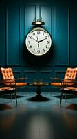 Illustrative rendering features chairs and clock, forming a harmonious visual composition. Vertical Mobile Wallpaper AI Generated photo