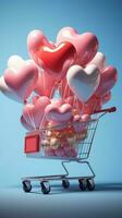 Heart balloons lift a shopping cart, creating a whimsical, airborne shopping experience. Vertical Mobile Wallpaper AI Generated photo