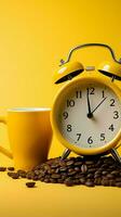 aislado alarma reloj, papel taza, café frijoles en vibrante amarillo antecedentes. vertical móvil fondo de pantalla ai generado foto