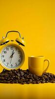 Isolated Alarm clock, paper cup, coffee beans on vibrant yellow background. Vertical Mobile Wallpaper AI Generated photo