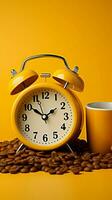 Isolated Alarm clock, paper cup, coffee beans on vibrant yellow background. Vertical Mobile Wallpaper AI Generated photo