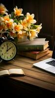 Laptop, book, flower, alarm clock on wooden background viewed from above, coexisting elegantly. Vertical Mobile Wallpaper AI Generated photo