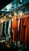 Clothes hang in a modern boutique, reflecting contemporary fashion at the clothing shop. Vertical Mobile Wallpaper AI Generated photo