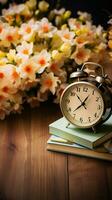 Laptop, book, flower, alarm clock on wooden background viewed from above, coexisting elegantly. Vertical Mobile Wallpaper AI Generated photo