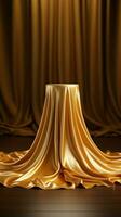 Luxurious pedestal Golden fabric draped podium against an elegant backdrop for product presentation. Vertical Mobile Wallpaper AI Generated photo
