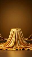 Luxurious pedestal Golden fabric draped podium against an elegant backdrop for product presentation. Vertical Mobile Wallpaper AI Generated photo