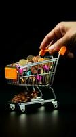 Mini cart held in hand, against black backdrop, gives a shopper's viewpoint. Vertical Mobile Wallpaper AI Generated photo