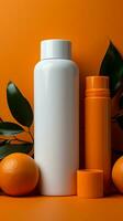 Orange background frames blank white cosmetic bottles, inviting text for promotional messaging. Vertical Mobile Wallpaper AI Generated photo