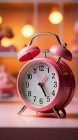 Pink backdrop frames close up Alarm clock, trolley in bold focus, commanding attention. Vertical Mobile Wallpaper AI Generated photo