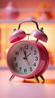 Pink backdrop frames close up Alarm clock, trolley in bold focus, commanding attention. Vertical Mobile Wallpaper AI Generated photo