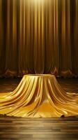 Premium backdrop Podium adorned with golden fabric atop, setting a scene of luxury. Vertical Mobile Wallpaper AI Generated photo