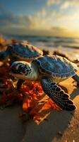 playa magia bebé tortugas escotilla, comenzando su Notable vida viaje por el océano. vertical móvil fondo de pantalla ai generado foto