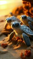 Seaside spectacle Baby turtles emerging from their shells, hatching on sandy beach. Vertical Mobile Wallpaper AI Generated photo