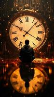 Seated before vintage clock, person engages in a reflective encounter with time. Vertical Mobile Wallpaper AI Generated photo