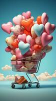 Whimsical Heart balloons elevate a shopping cart, blending joy with online shopping. Vertical Mobile Wallpaper AI Generated photo