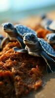 costero maravilla playa eclosión desvela bebé tortugas como ellos comienzo oceánico exploración. vertical móvil fondo de pantalla ai generado foto