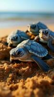 Coastal marvel Seaside hatching unveils baby turtles as they start oceanic exploration. Vertical Mobile Wallpaper AI Generated photo