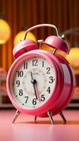 Commanding presence Big alarm clock, trolley close up against vibrant pink background. Vertical Mobile Wallpaper AI Generated photo