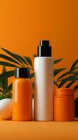 Cosmetic bottles on orange backdrop create a text friendly ad canvas for promotion. Vertical Mobile Wallpaper AI Generated photo