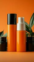 Cosmetic bottles on orange backdrop create a text friendly ad canvas for promotion. Vertical Mobile Wallpaper AI Generated photo