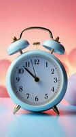 Creative alarm clock on pastel pink blue backdrop, embodying minimal pastel trend. Vertical Mobile Wallpaper AI Generated photo