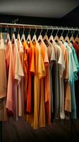 Fashionable shop presents clothes on hangers, embodying modern boutique aesthetics. Vertical Mobile Wallpaper AI Generated photo