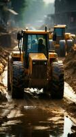 Bustling road construction site features an array of powerful heavy equipment in operation. Vertical Mobile Wallpaper AI Generated photo