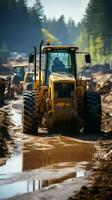 Construction site boasts heavy equipment in action, shaping the road infrastructure. Vertical Mobile Wallpaper AI Generated photo