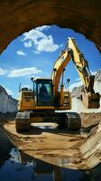 construcción escena oruga excavador alojamiento con fuerza en contra azul cielo, cerca hormigón tubo. vertical móvil fondo de pantalla ai generado foto