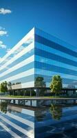 contemporáneo corporativo oficina en contra azul cielo un moderno símbolo de negocio excelencia. vertical móvil fondo de pantalla ai generado foto